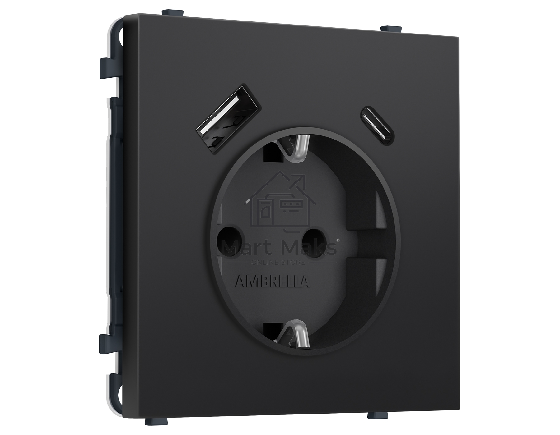 Комплект механизма электрической розетки SIGMA Черный матовый 2USB A+C 20W (быст. зар.) с/з с/ш 16A-250V QUANT PRO (SP8100, PR160)