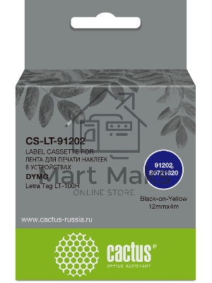 Картридж ленточный Cactus CS-LT-91202 черный шрифт, желтый фон (12 мм, 4 м) для Dymo Letra Tag LT-100H