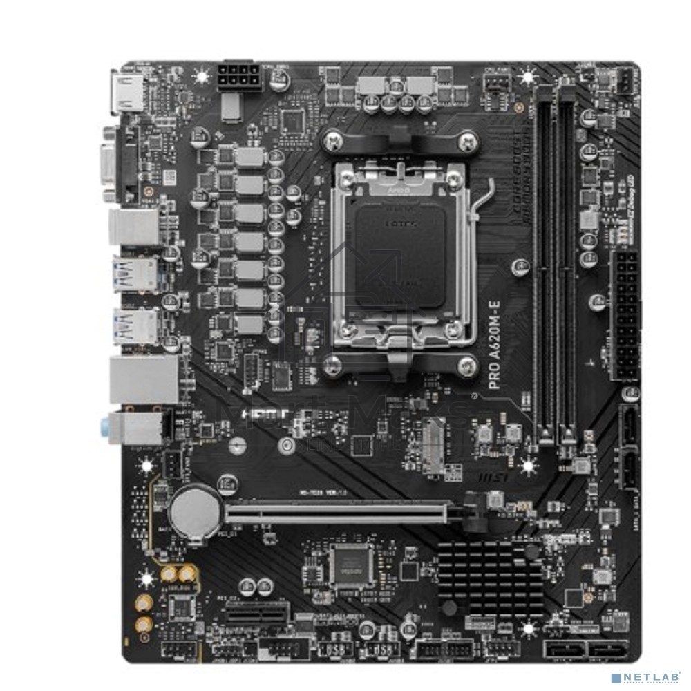 Материнская плата MSI PRO A620M-E, AM5, AMD A620, 2xDDR5, 4xSATA, 1xM.2, 1xPCI-E 4.0 x16, 1xPCI-E 4.0 x1, 1xHDMI, 1xVGA, 1x1Gb LAN, 2xUSB 2.0, 4xUSB 3.2 Gen 1, 3x3.5 мм, 7.1, Micro-ATX