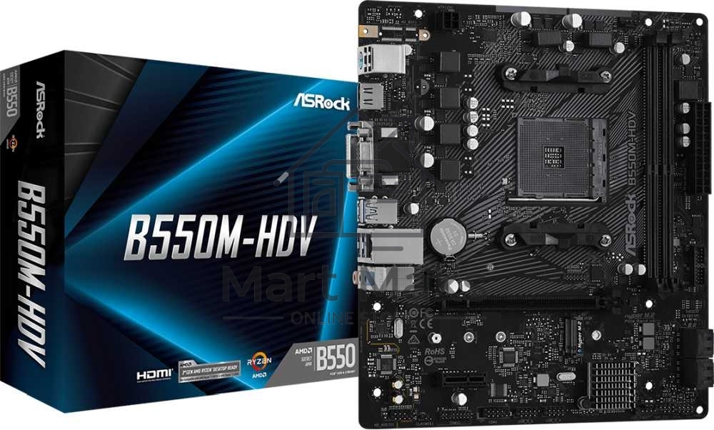 Материнская плата ASRock B550M-HDV, AM4, AMD B550, 2xDDR4, 4xSATA, 1xM.2, 1xPCIe 4.0 x16, 1xDVI-D, 1xHDMI, 1xVGA, 1x 1Gb LAN, 3x3.5 мм, 7.1, mATX