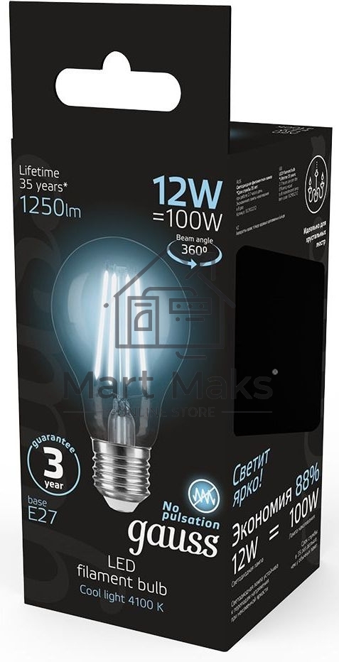Лампа Gauss Filament А60 12W 1250lm 4100К Е27 LED 1/10/40