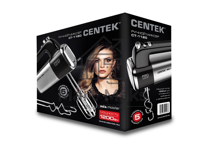 Миксер Centek CT-1120 (черн/сталь) 1200Вт, 5 скоростей+турбо, взбивание/замешивание