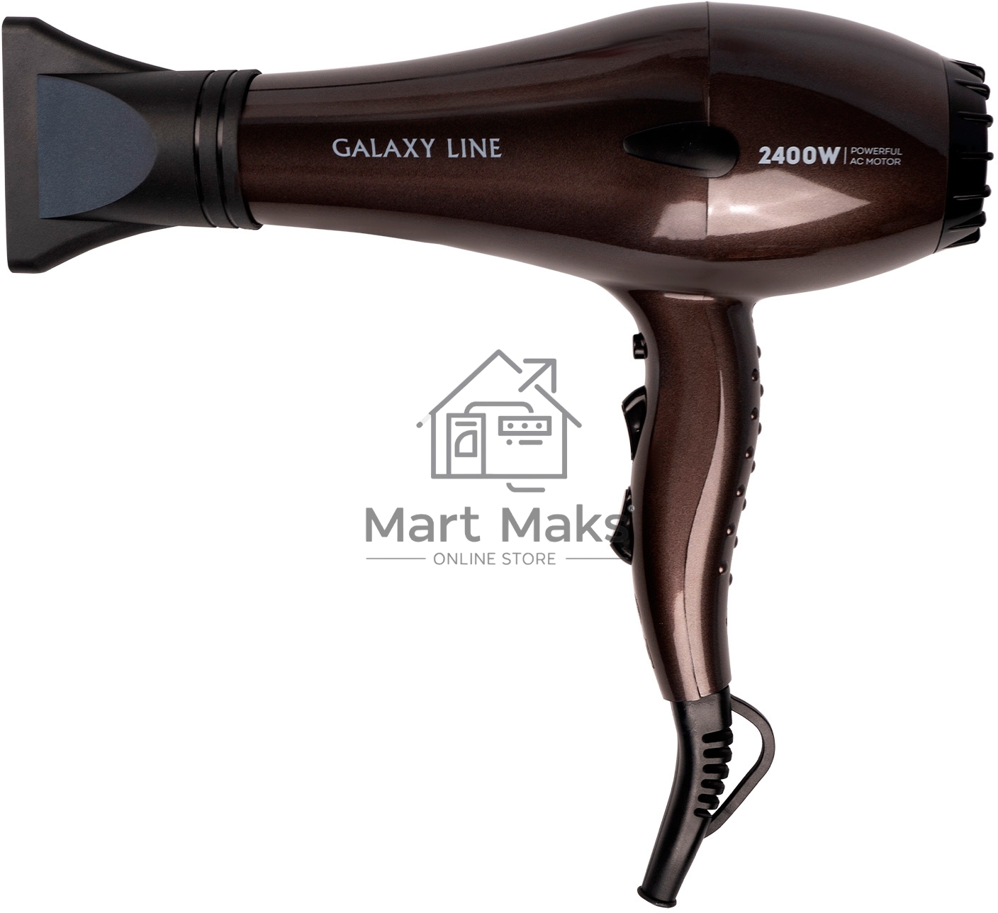 Фен для волос Galaxy Line GL 4343, коричневый, 2400 Вт, АС-мотор, 2 скорости потока воздуха, 3 температурных режима, функция «холодный воздух», насадка-концентратор, подвесная петля, длина шнура питания 240 см, защита мотора от перегрева