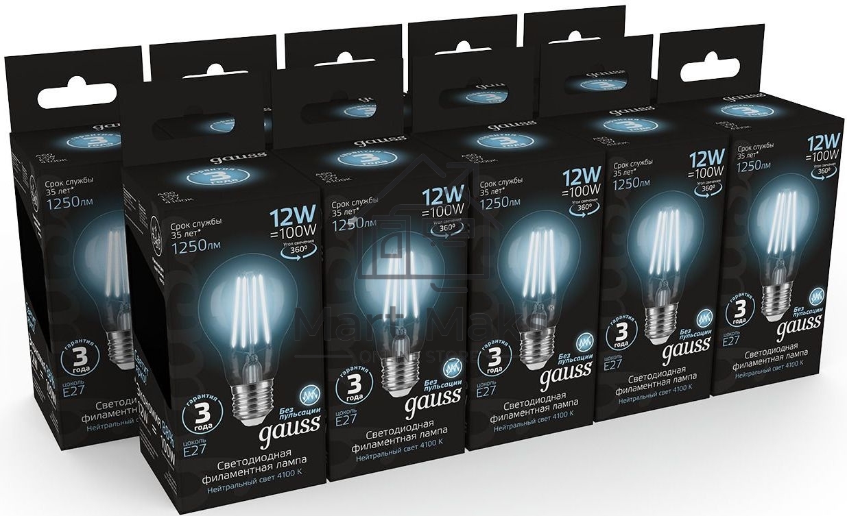Лампа Gauss Filament А60 12W 1250lm 4100К Е27 LED 1/10/40