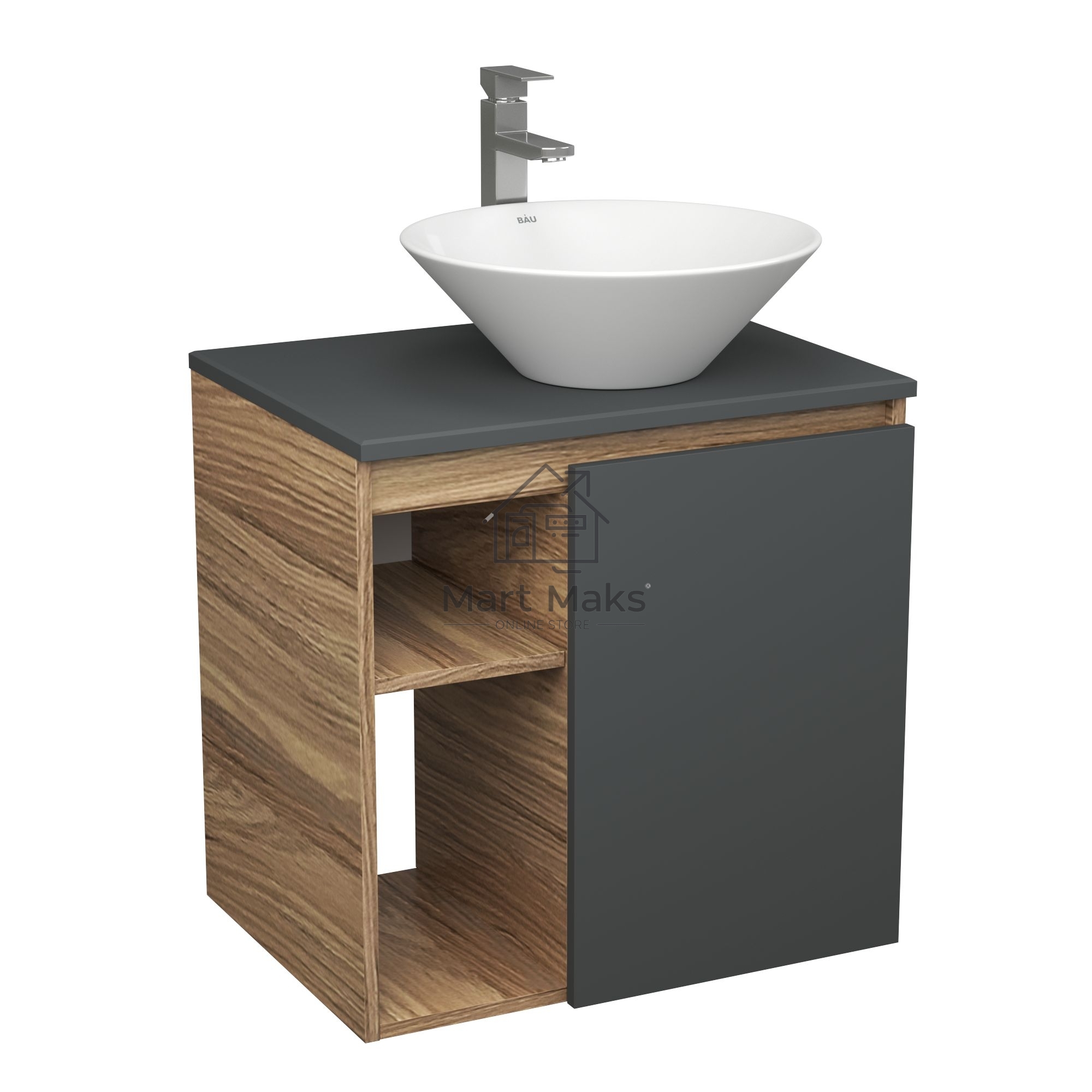 Тумба Bau Dream Blackwood 60 правая, графит, раковина BAU Dream D43, смеситель для раковины высокий Hotel Still, нержавеющая сталь