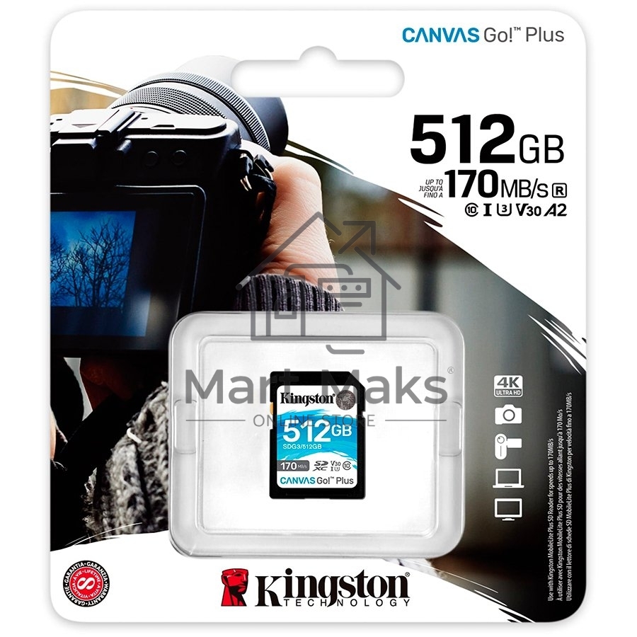 Флеш карта SD 512GB Kingston SDXC Class 10 UHS-I U3 V30 Canvas Go Plus 170MB/s