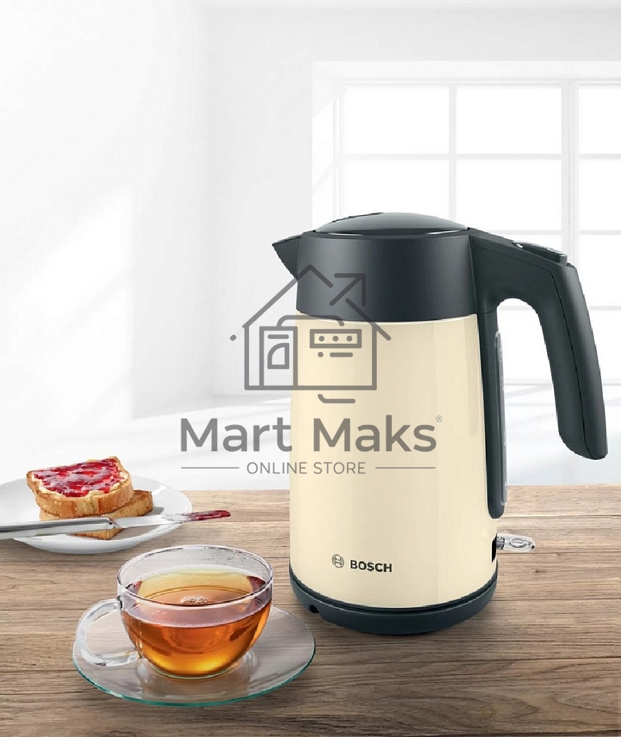 Чайник Bosch TWK7L467, 1.7л, 2400 Вт., нерж.сталь, покрытая эмалью, бежевый, шкала уровня воды