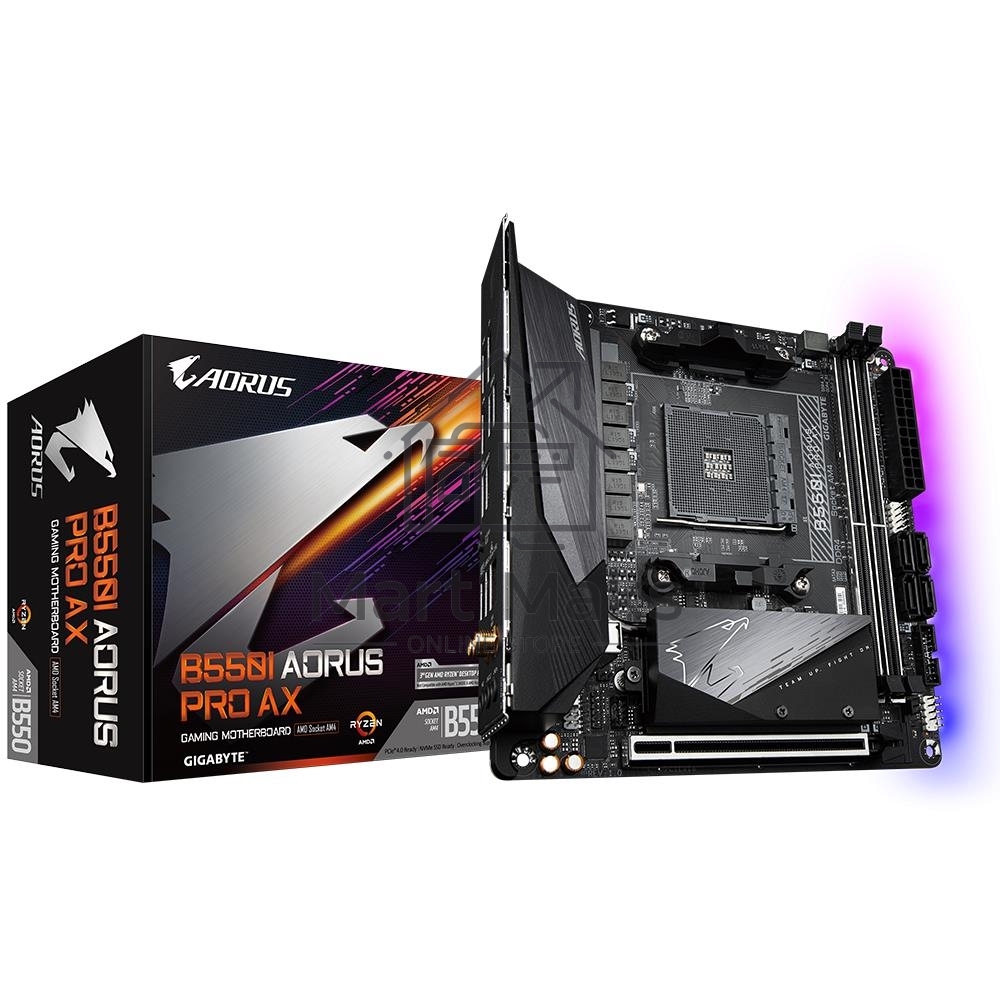 Материнская плата Gigabyte B550I AORUS PRO AX, AM4, AMD B550, 2xDDR4, 4xSATA, 2xM.2, 1xPCIe 4.0 x16, 2xHDMI, 1xDP, 1x 2.5Gb LAN, 1xUSB-C 3.2 Gen 2, 4xUSB-A 3.2 Gen 1, 3x3.5 мм, 7.1, Mini-ITX