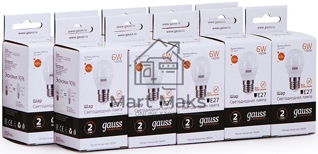 Лампа светодиодная Gauss Elementary 6Вт цок.:E27 шар 220B 3000K св.свеч.бел.теп. (упак.:10шт) (53216)