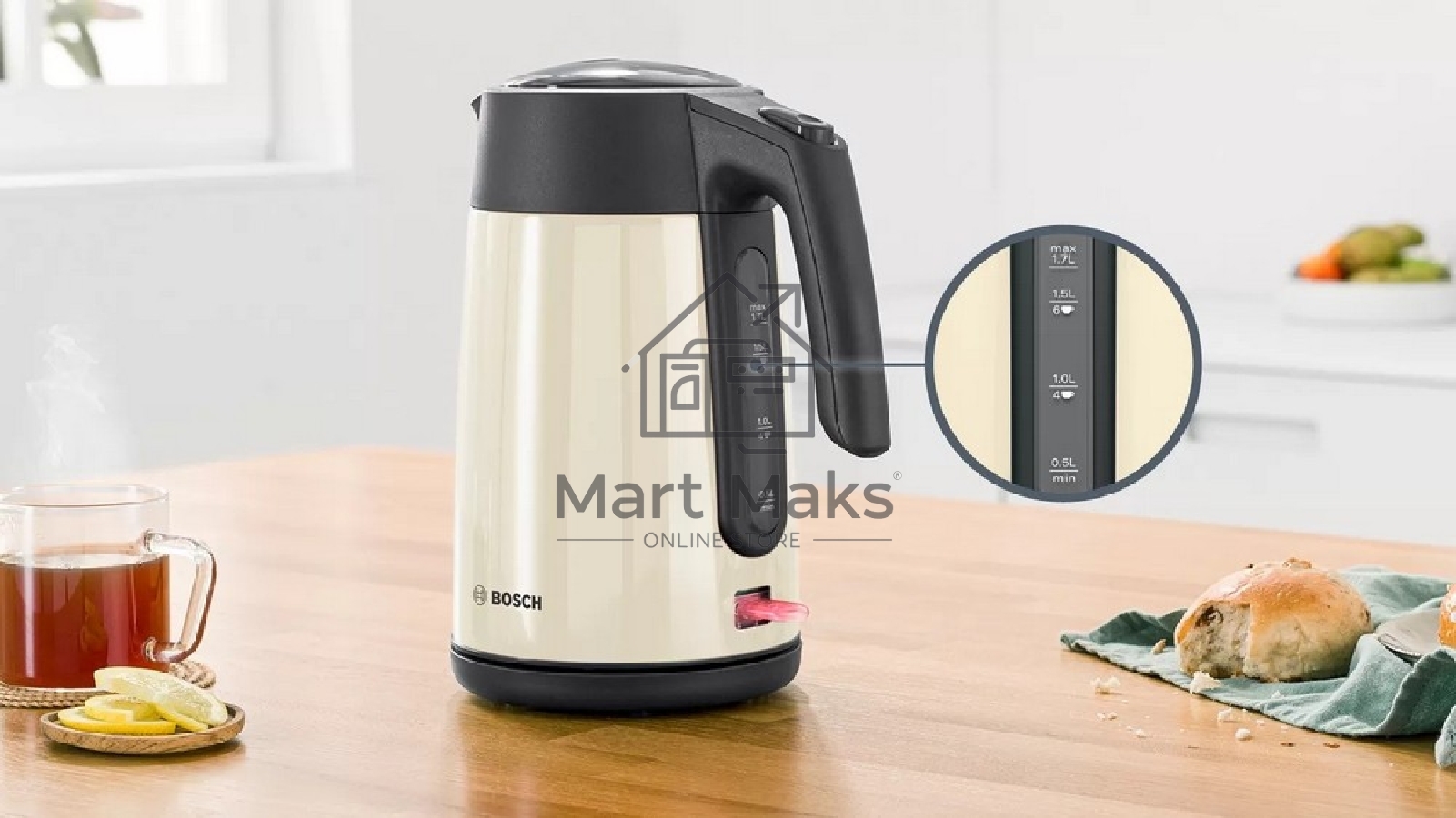 Чайник Bosch TWK7L467, 1.7л, 2400 Вт., нерж.сталь, покрытая эмалью, бежевый, шкала уровня воды