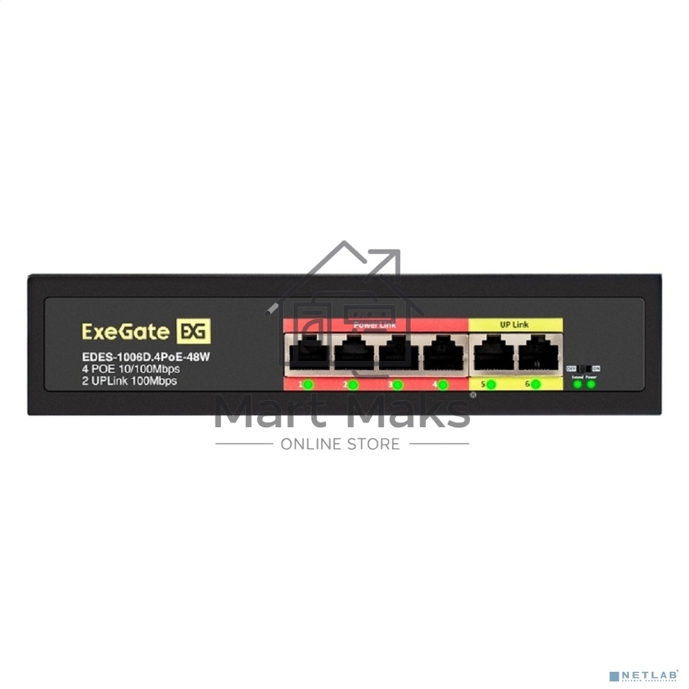 Коммутатор неуправляемый ExeGate EDES-1006D.4PoE-48W (6-портовый UTP 10/100 Base-Tx: 4 порта 802.3af (PoE), мощность PoE: 25W, суммарно 48W, 2 порта RJ45 uplink, настенный/настольный, металлический корпус)