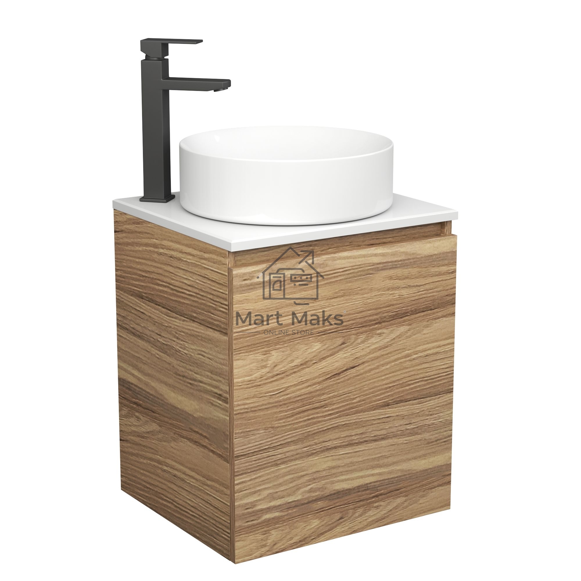 Тумба Bau Dream Blackwood 50 с дверцей, раковина BAU Dream круглая D41, смеситель для раковины высокий Hotel Black, черный