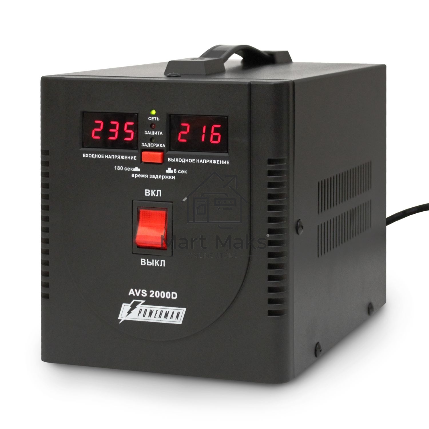 Стабилизатор напряжения Powerman AVS-D Voltage Regulator 2000VA, Digital Indication, 2x Schuko Outlets, 1m Power Cord, 230V, 1 year warranty, Black 