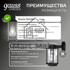 Светильник садово-парковый Gauss Vega на стену вниз 10.5x24x14.2cm, 170-240V/50Hz, 1xE27, Max.60W, IP: 54, 1/24