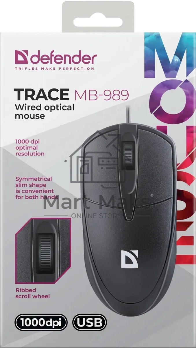 Мышь проводная Defender Trace MB-989 черный, 1000 dpi, USB, кнопки - 3