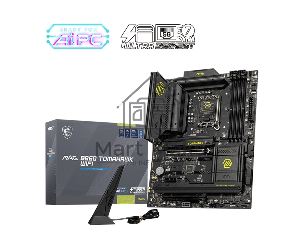 Материнская плата MSI MAG B860 TOMAHAWK WIFI, LGA 1851, Intel B860, 4xDDR5, 4xSATA, 3xM.2, 1xPCIe 4.0 x4, 1xPCIe 5.0 x16, 1xDP, 1xHDMI, 1xUSB-C, 1x 5Gb LAN, 4xUSB-A 2.0, 4xUSB-A 3.2 Gen 2, 7.1, 2x3.5 мм, TOSLINK, ATX