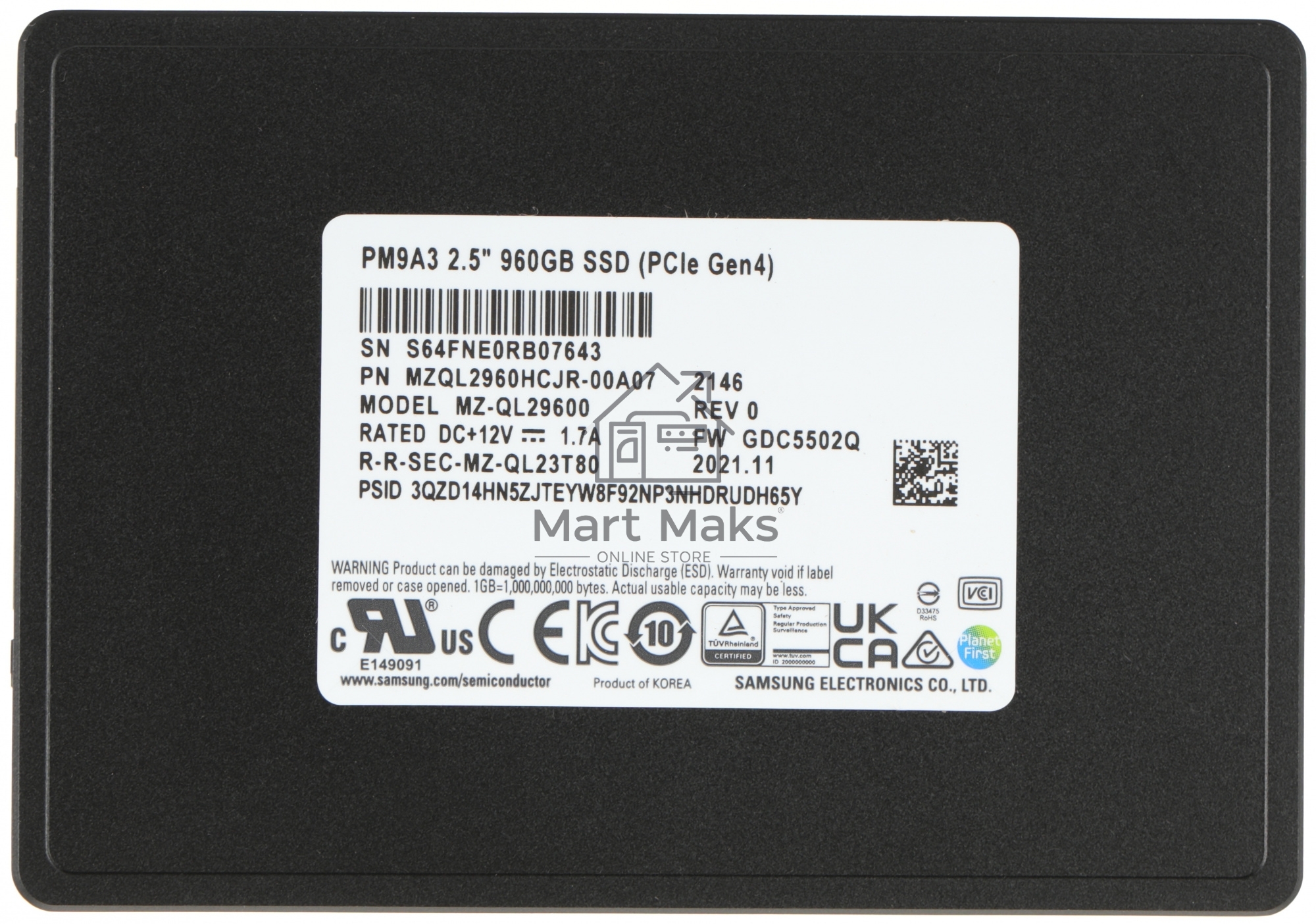 Накопитель SSD Samsung Enterprise PM9A3 черный MZQL2960HCJR-00A07 960Gb, PCIe 3.1 x4, 2.5