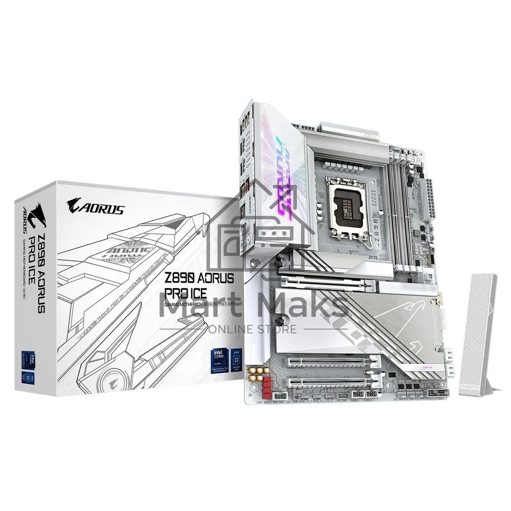 Материнская плата Gigabyte Z890 AORUS PRO ICE, LGA 1851, Intel Z890, 4xDDR5, 4xSATA, 5xM.2, 1xPCIe 5.0 x16, 1xPCIe 4.0 x4, 1xPCIe 4.0 x1, 2xUSB-C (Thunderbolt 4), 1x 5Gb LAN, 4xUSB-A 3.2 Gen 1, 2xUSB-A 3.2 Gen 2, 4xUSB-A 2.0, 2x3.5 мм, 7.1, ATX