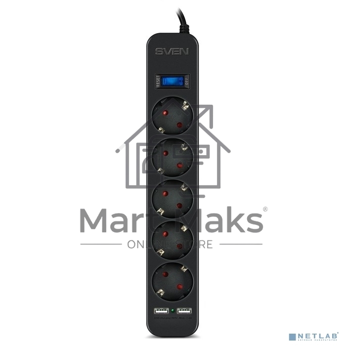 Фильтр SVEN SF-05LU 5.0 м (5 евро розеток,2*USB(2,4А)) черный, цветная коробка Surge protector SVEN SF-05LU 5.0 м (5 евро розеток,2*USB(2,4А)) черный, цветная коробка