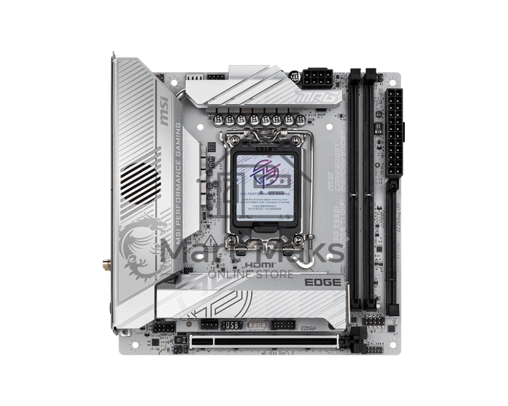 Материнская плата MSI MPG Z890I EDGE TI WIFI, LGA 1851, Intel Z890, 2xDDR5, 2xSATA, 4xM.2, 1xPCIe 5.0 x16, 1xHDMI, 2xThunderbolt 4, 1xUSB-C, 1x 5Gb LAN, 7xUSB-A 10Gbps, 2xUSB-A 5Gbps, 1xUSB-C 20Gbps, 7.1, 2x3.5 мм, TOSLINK, Mini-ITX