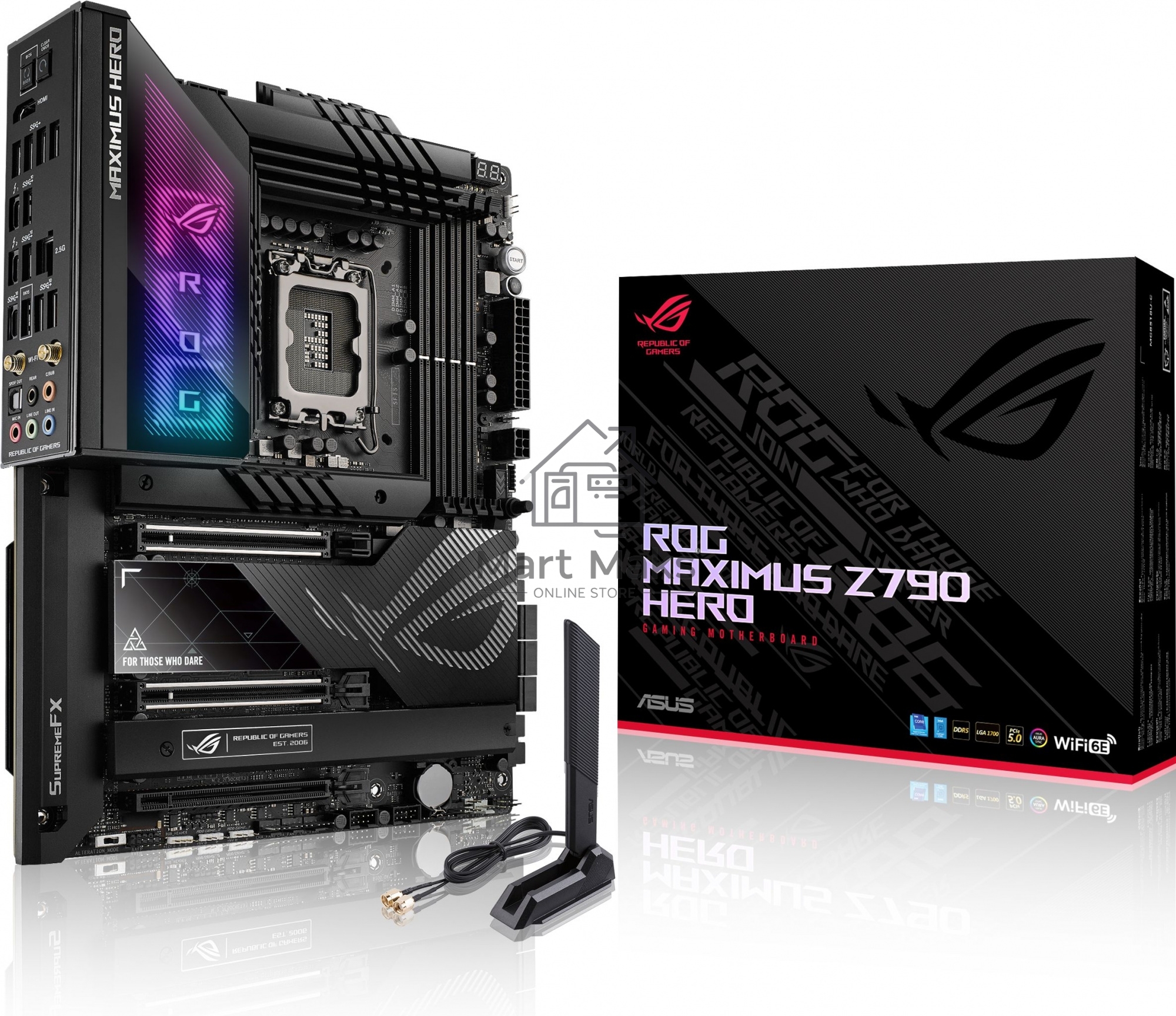 Материнская плата ASUS ROG MAXIMUS Z790 HERO, LGA 1700, Intel Z790, 4xDDR5, 6xSATA, 3xM.2, 1xPCIe 4.0 x4, 1xPCIe 5.0 x8, 1xPCIe 5.0 x16, 1xHDMI, 2xUSB-C 3.2 Gen 2, 1x 2.5Gb LAN, 4xUSB-A 3.2 Gen 1, 5xUSB-A 3.2 Gen 2, 5x3.5 мм, 7.1, Standard-ATX