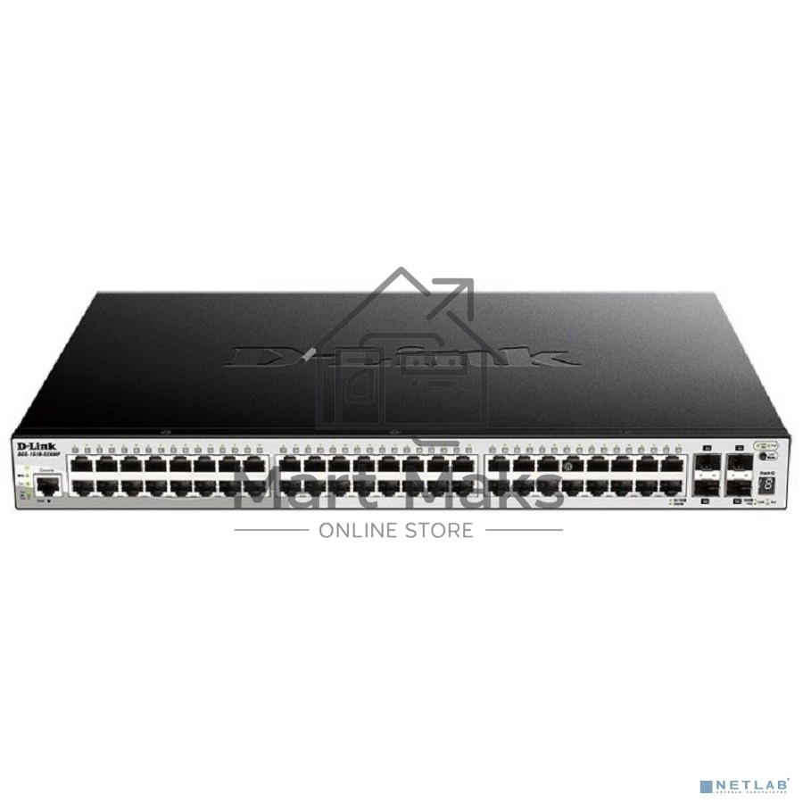 Коммутатор D-Link DGS-1250-52XMP/A1A, L2 Smart Switch with 48 10/100/1000Base-T ports and 4 10GBase-X SFP+ ports (48 PoE ports 802.3af/802.3at (30 W), PoE Budget 370W).16K Mac address, 802.3x Flow Control, 4K