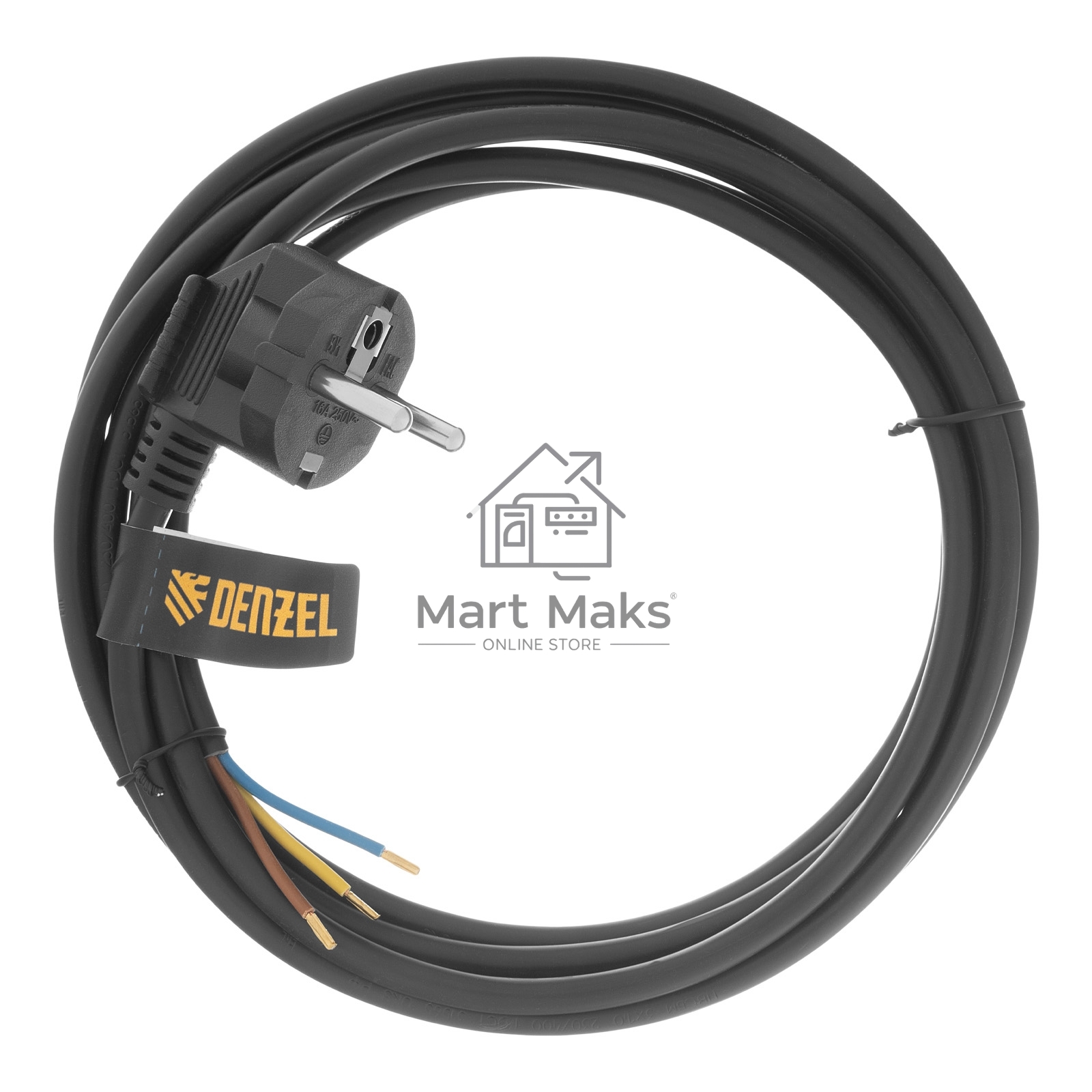 Шнур сетевой Energy Series, ПВС, 3 м, 3х1 мм, с неразборной вилкой, черный Denzel