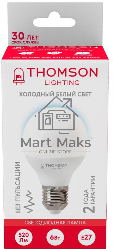 Лампа светодиодная Thomson TH-B2318 6Вт цок.:E27 шар 220B св.свеч.бел.хол. Globe (упак.:1шт)