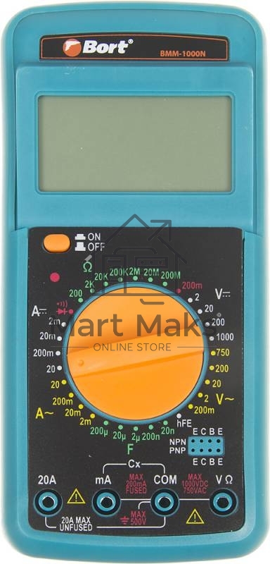 Мультиметр Bort BMM-1000N 91271143 Диапазон постоянного напряжения 0-1000 тип, диапазон постоянного тока 0-20 тип, диапазон переменного напряжения 0-750 тип, 0.3 кг, набор акс 4 шт
