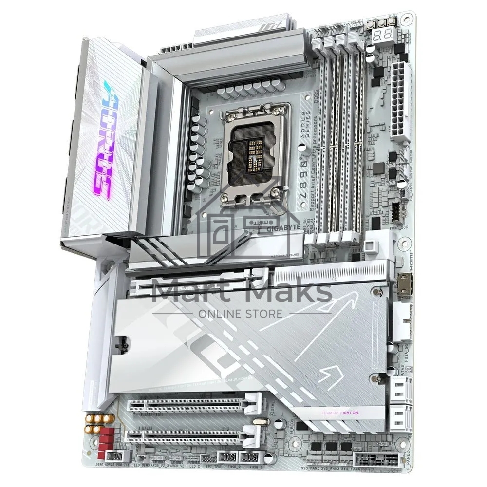 Материнская плата Gigabyte Z890 AORUS PRO ICE, LGA 1851, Intel Z890, 4xDDR5, 4xSATA, 5xM.2, 1xPCIe 5.0 x16, 1xPCIe 4.0 x4, 1xPCIe 4.0 x1, 2xUSB-C (Thunderbolt 4), 1x 5Gb LAN, 4xUSB-A 3.2 Gen 1, 2xUSB-A 3.2 Gen 2, 4xUSB-A 2.0, 2x3.5 мм, 7.1, ATX