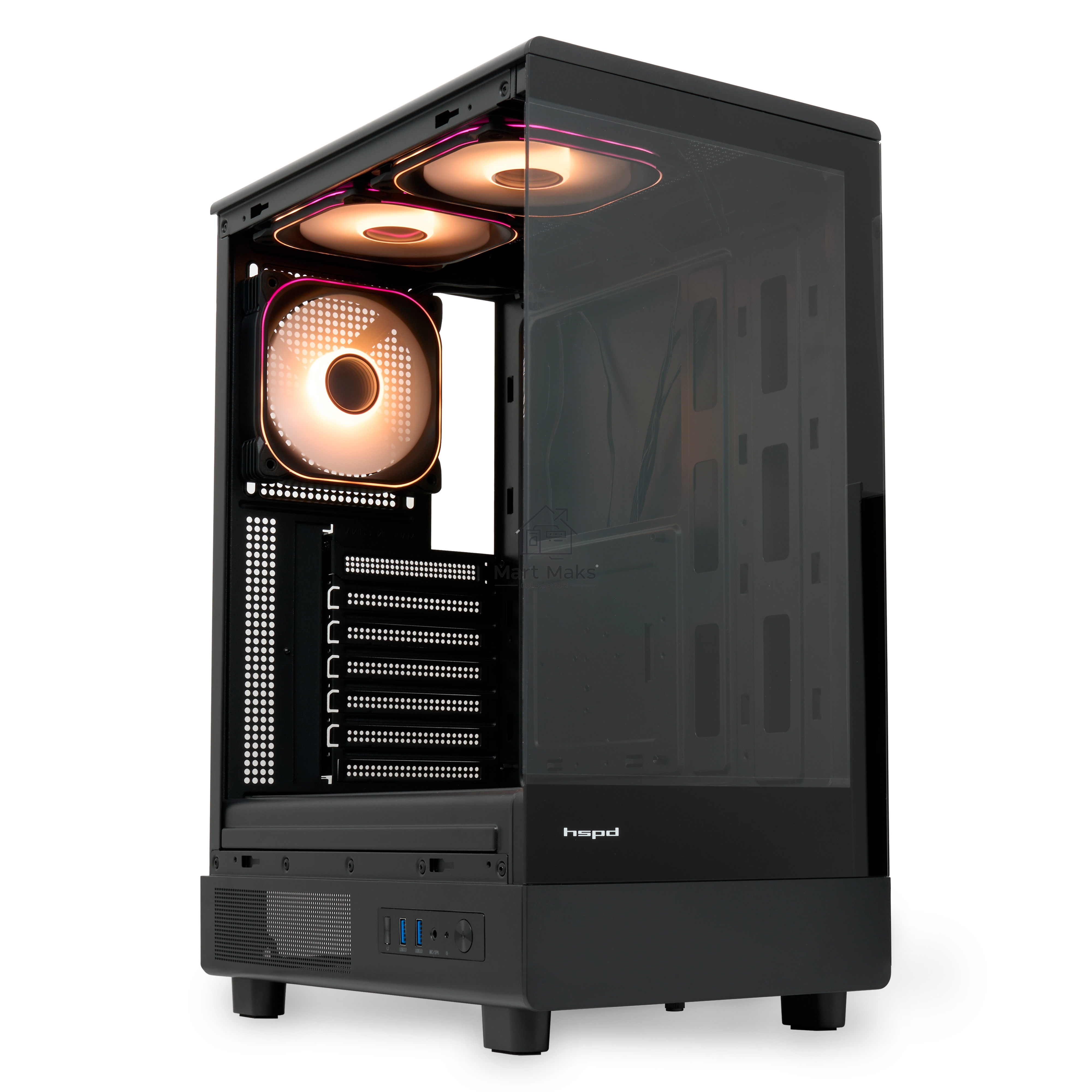 Компьютерный корпус  HSPD F510, Panoramic Mid Tower, черный, TG, 0.5 SPCC, 3x120mm ARGB ATX, mATX, mITX 180/280/160mm 1x2.5