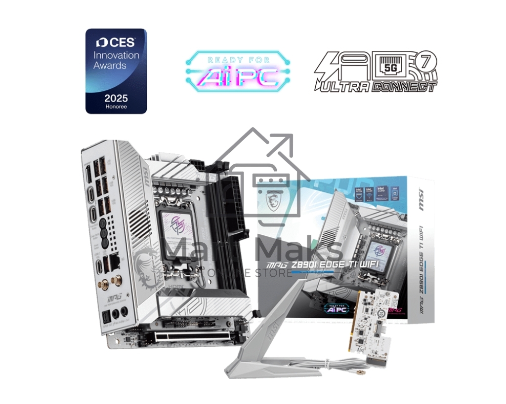 Материнская плата MSI MPG Z890I EDGE TI WIFI, LGA 1851, Intel Z890, 2xDDR5, 2xSATA, 4xM.2, 1xPCIe 5.0 x16, 1xHDMI, 2xThunderbolt 4, 1xUSB-C, 1x 5Gb LAN, 7xUSB-A 10Gbps, 2xUSB-A 5Gbps, 1xUSB-C 20Gbps, 7.1, 2x3.5 мм, TOSLINK, Mini-ITX