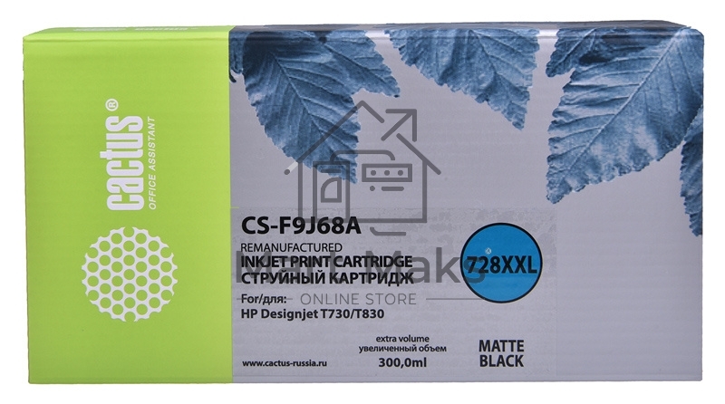 Картридж струйный Cactus CS-F9J68A (728XXL) черный матовый (300 мл) для HP DJ T730/T830