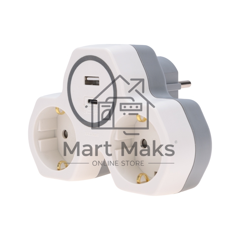 Двойник Rexant электрический (разветвитель) 16А с/з + USB-A + USB-C с защитными шторками, белый