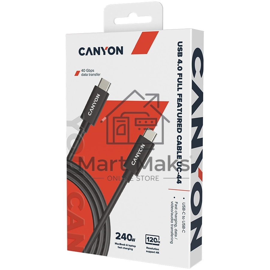 Кабель CANYON, U4-CC-5A1M-E, USB4 TYPE-C to TYPE-C cable assembly 40G 1m 5A 240W(ERP) with E-MARK, CE, ROHS, черный