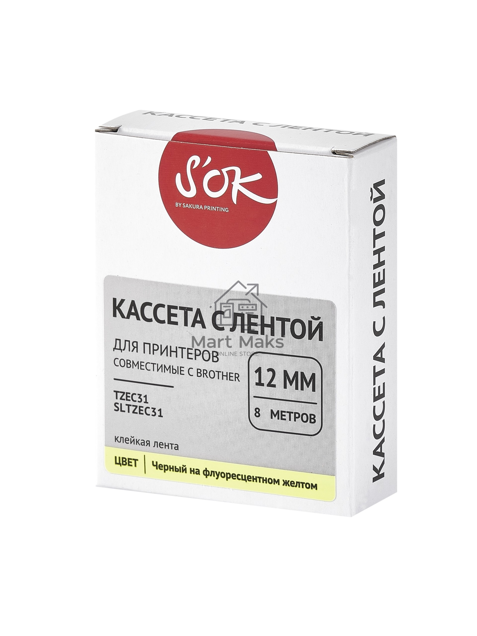 Кассета с лентой S'OK by Sakura Printing TZEC31 для Brother, черный на желтом, 12мм/8м, наклейка