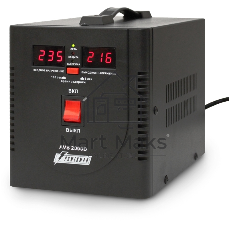 Стабилизатор напряжения Powerman AVS-D Voltage Regulator 2000VA, Digital Indication, 2x Schuko Outlets, 1m Power Cord, 230V, 1 year warranty, Black 