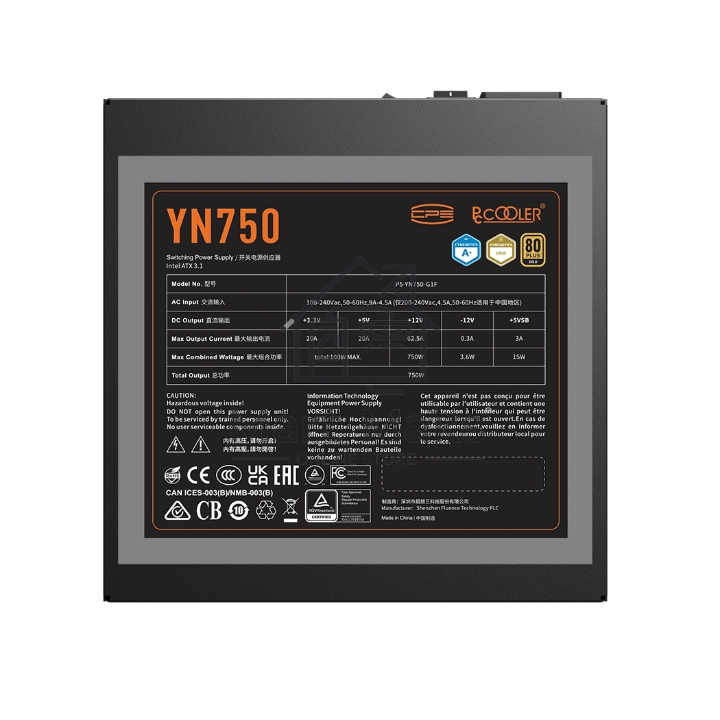 Блок питания PCCOOLER, 750W 80+ Gold (ATX, 3.1, PCIe 5.1 600W, Full modular, 1x24(20+4)pin 550mm, 2xCPU 8(4+4)pin 650mm, 3xPCIe 8(6+2)pin 500mm, 1x12V(2x6) 12+4pin 650mm, 3xSATA*3+MOLEX4pin*1 450+120+120+120mm, Active, 135x135mm, 150x150x86mm, APFC, OVP, 