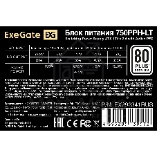Блок питания 750W ExeGate 80 PLUS 750PPH-LT-S-OEM (ATX, APFC, SC, КПД 82% (80 PLUS), 12cm fan, 24pin, 2x(4+4)pin, 4xPCI-E, 8xSATA, 4xIDE, кабель 220V 1,8м с защитой от выдергивания, black, RTL)
