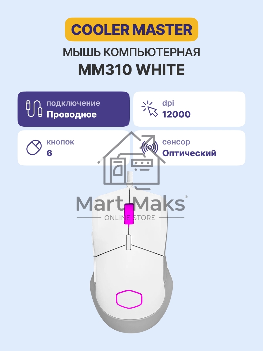 Мышь проводная Cooler Master MM-310-WWOL1 белый, 12000 dpi, USB Type-A, кнопки - 6