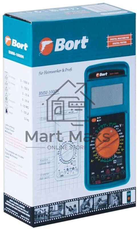Мультиметр Bort BMM-1000N 91271143 Диапазон постоянного напряжения 0-1000 тип, диапазон постоянного тока 0-20 тип, диапазон переменного напряжения 0-750 тип, 0.3 кг, набор акс 4 шт