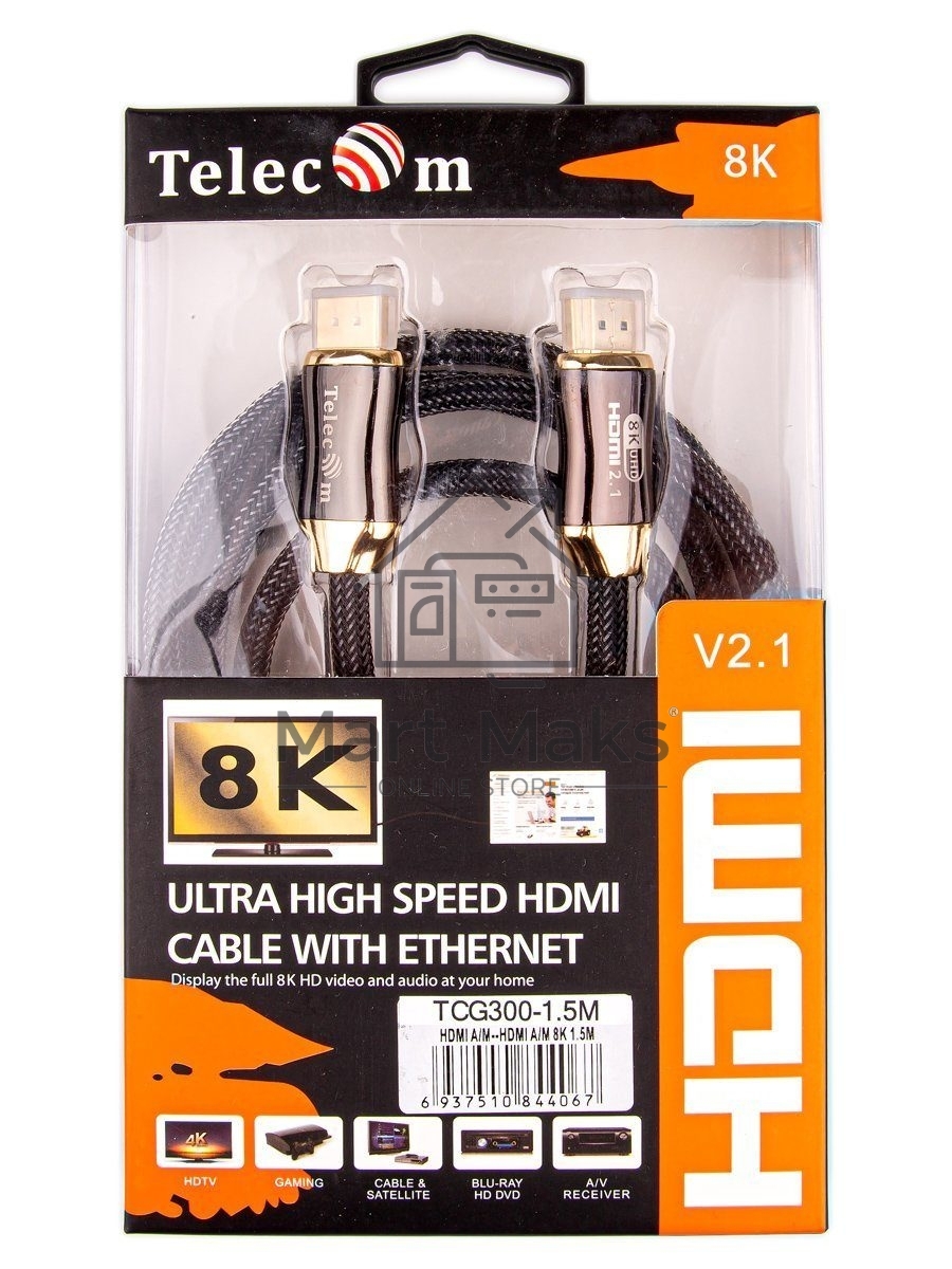 Кабель HDMI 19M/M,ver. 2.1, 8K@60 Hz 1.5m метал разъемы, нейлоновая оплетка Telecom <TCG300-1.5M> Кабель HDMI 19M/M,ver. 2.1, 8K@60 Hz 1.5m метал разъемы, нейлоновая оплетка Telecom