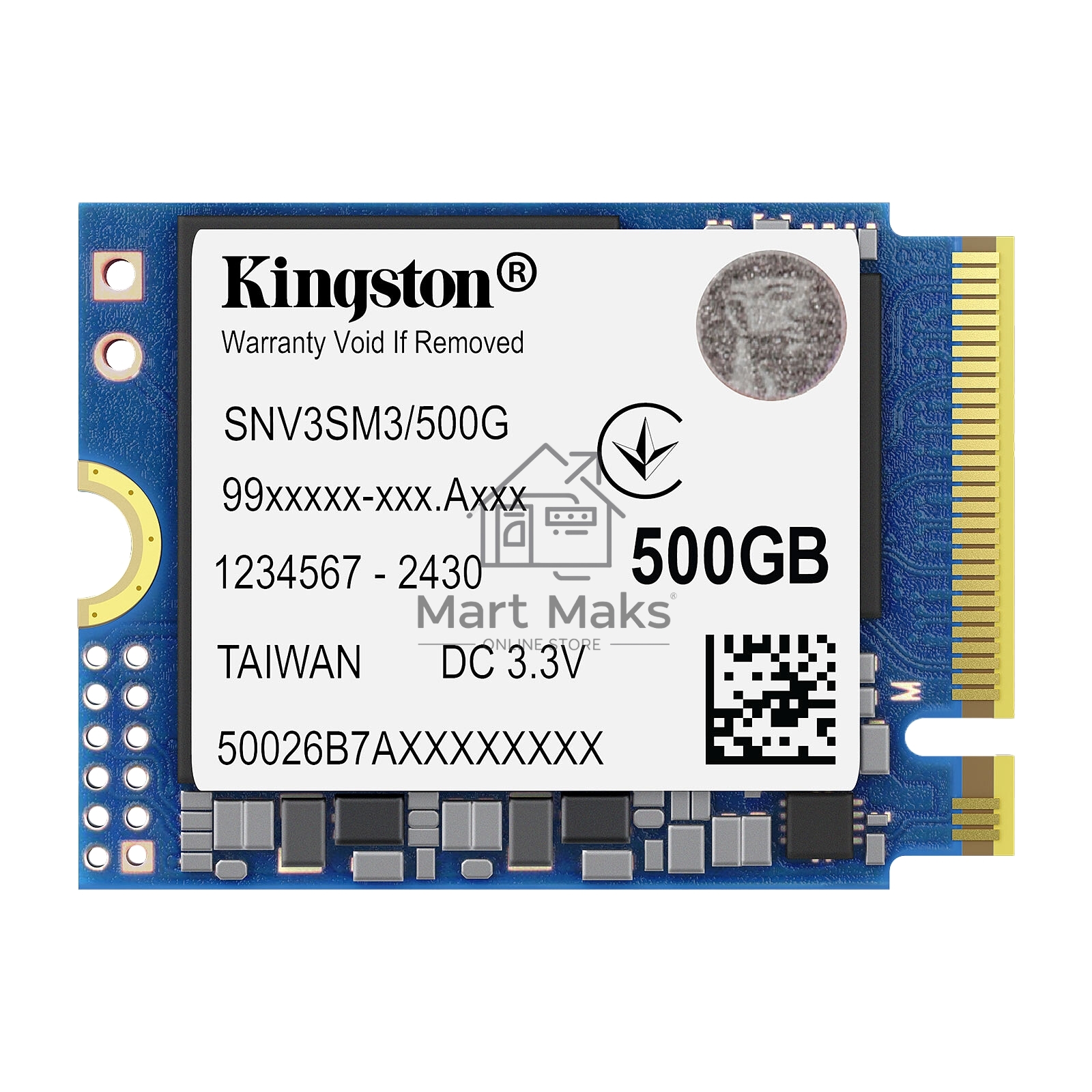 Твердотельный накопитель Kingston SSD NV3, 500GB, M.2(22x30mm), NVMe, PCIe 4.0 x4, 3D TLC, R/W 5000/3000MB/s, TBW 160, DWPD 0.2 (60 мес)