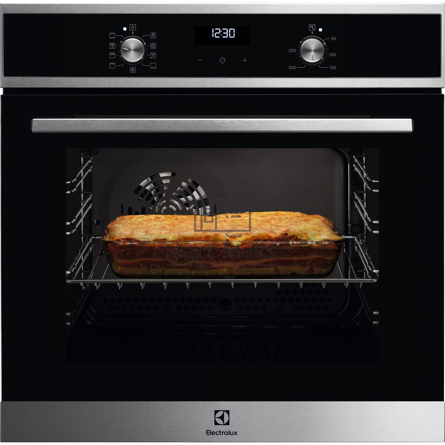 Электрический духовой шкаф Electrolux с кольцевым нагревательным элементом SurroundCook, основной цвет - нержавеющая сталь c Anti Finger Print, утапливаемые переключатели, таймер отключения, отложенный старт, будильник, хромированные направляющие из нержа