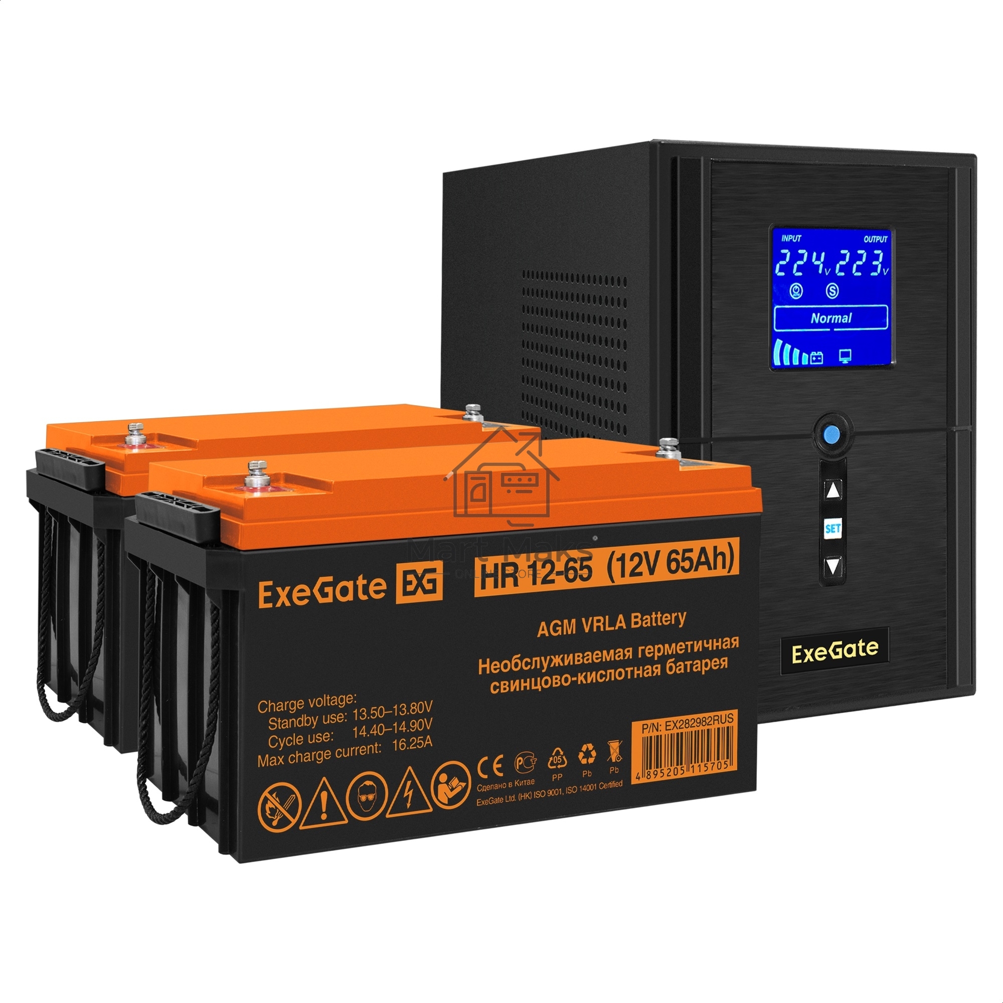 Комплект ИБП EX295988RUS + батарея 65Aч EX282982RUS 2шт (инвертор, синус, для котла) ExeGate SineTower SZ-1500.LCD.AVR.2SH.1C13.USB <1500VA/1200W, чистый синусоида, LCD дисплей, AVR, 2*Schuko+1*C13, USB, линейно-интерактивный, Black> + батарея ExeGate HR 