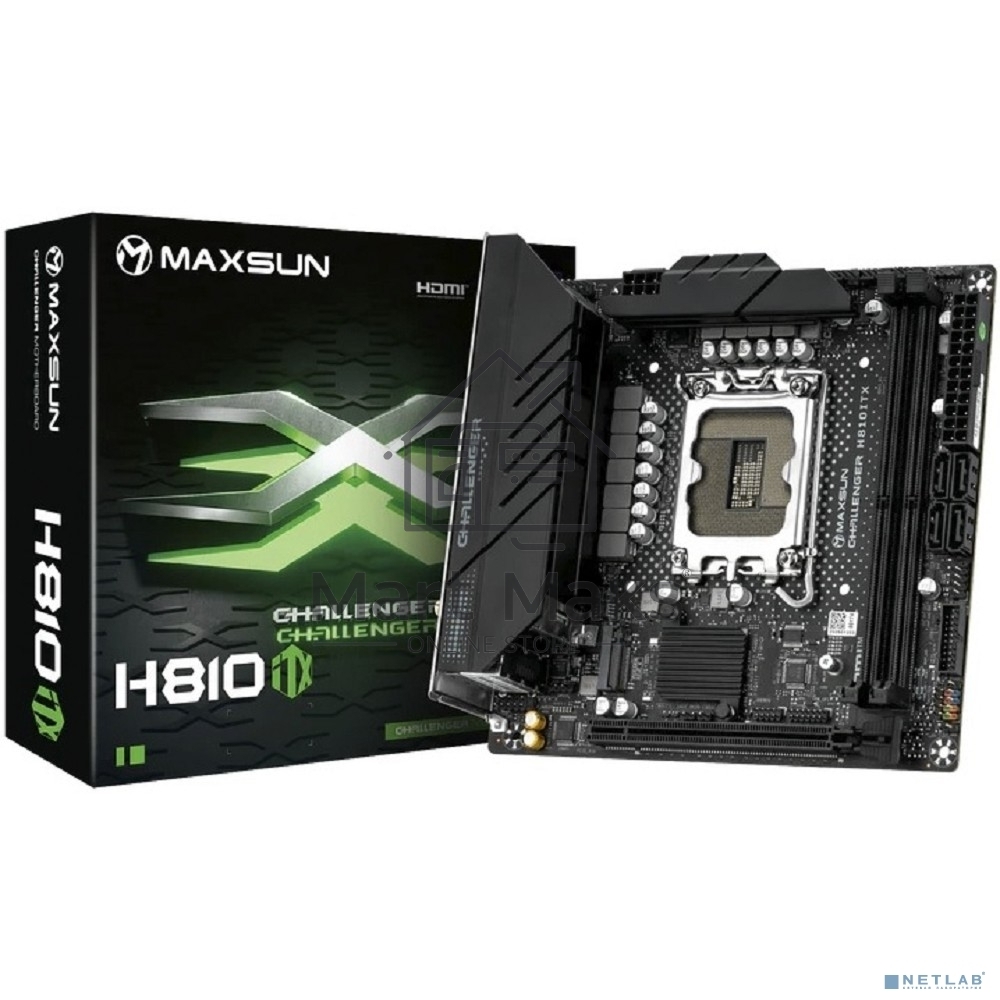 Материнская плата Maxsun MS-Challenger H810ITX WIFI, LGA1851, Intel H810, 2xDDR5, 4xSATA, 2xM.2, 1xPCIe 5.0 x16, 1xDP, 1xHDMI, 1x1Gb LAN, Wi-Fi 6, Bluetooth 5.2, 4xUSB-A 10Gbps, 2xUSB-A 5Gbps, 2xUSB-A 2.0, 3x3.5 мм, Mini-ITX