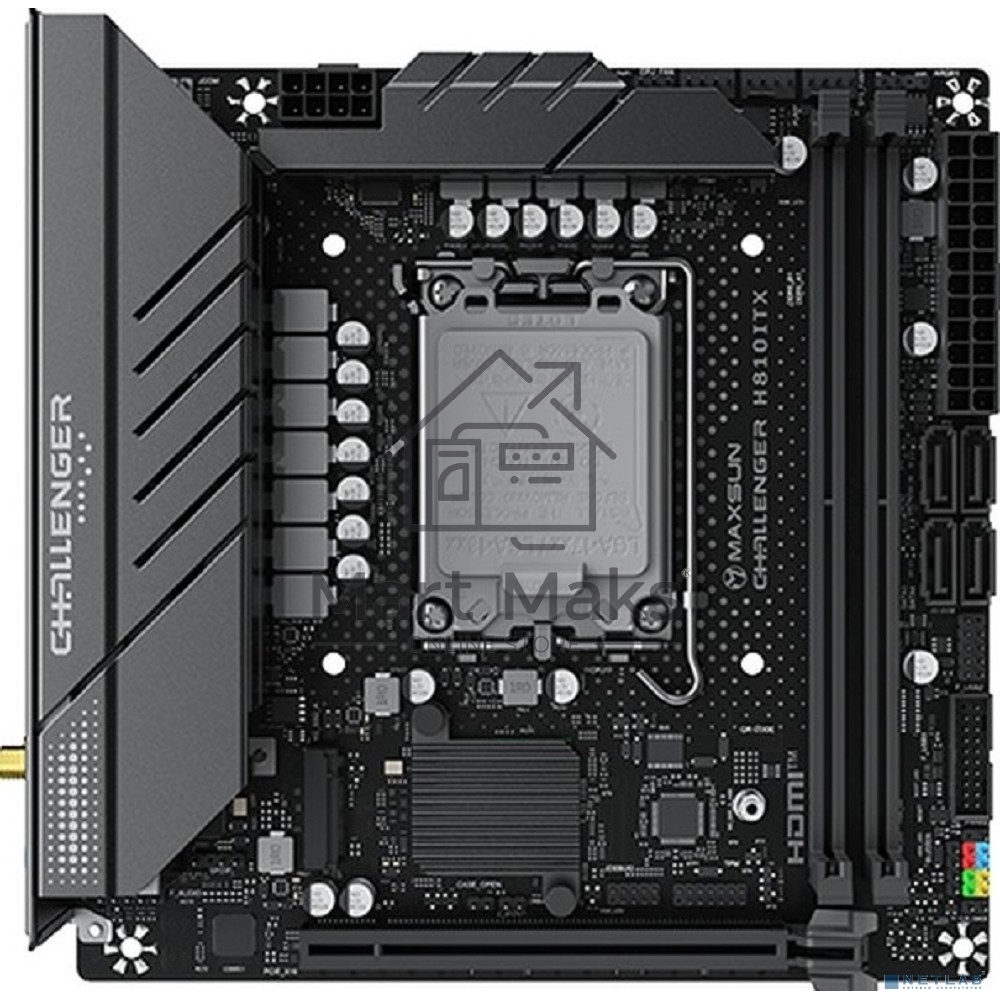 Материнская плата Maxsun MS-Challenger H810ITX WIFI, LGA1851, Intel H810, 2xDDR5, 4xSATA, 2xM.2, 1xPCIe 5.0 x16, 1xDP, 1xHDMI, 1x1Gb LAN, Wi-Fi 6, Bluetooth 5.2, 4xUSB-A 10Gbps, 2xUSB-A 5Gbps, 2xUSB-A 2.0, 3x3.5 мм, Mini-ITX