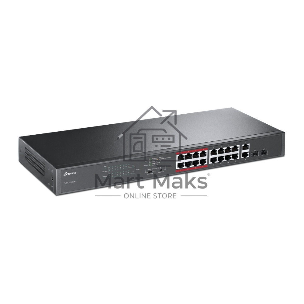 Коммутатор TP-LINK TL-SL1218MP Неуправляемый коммутатор PoE на 16 портов 10/100 Мбит/с и 2 гигабитных порта