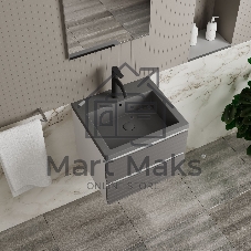Тумба под раковину Bau Stil Loft grey brushed, раковина кварцевая BAU Stil 50, серый металлик, смеситель Dream Black, черный