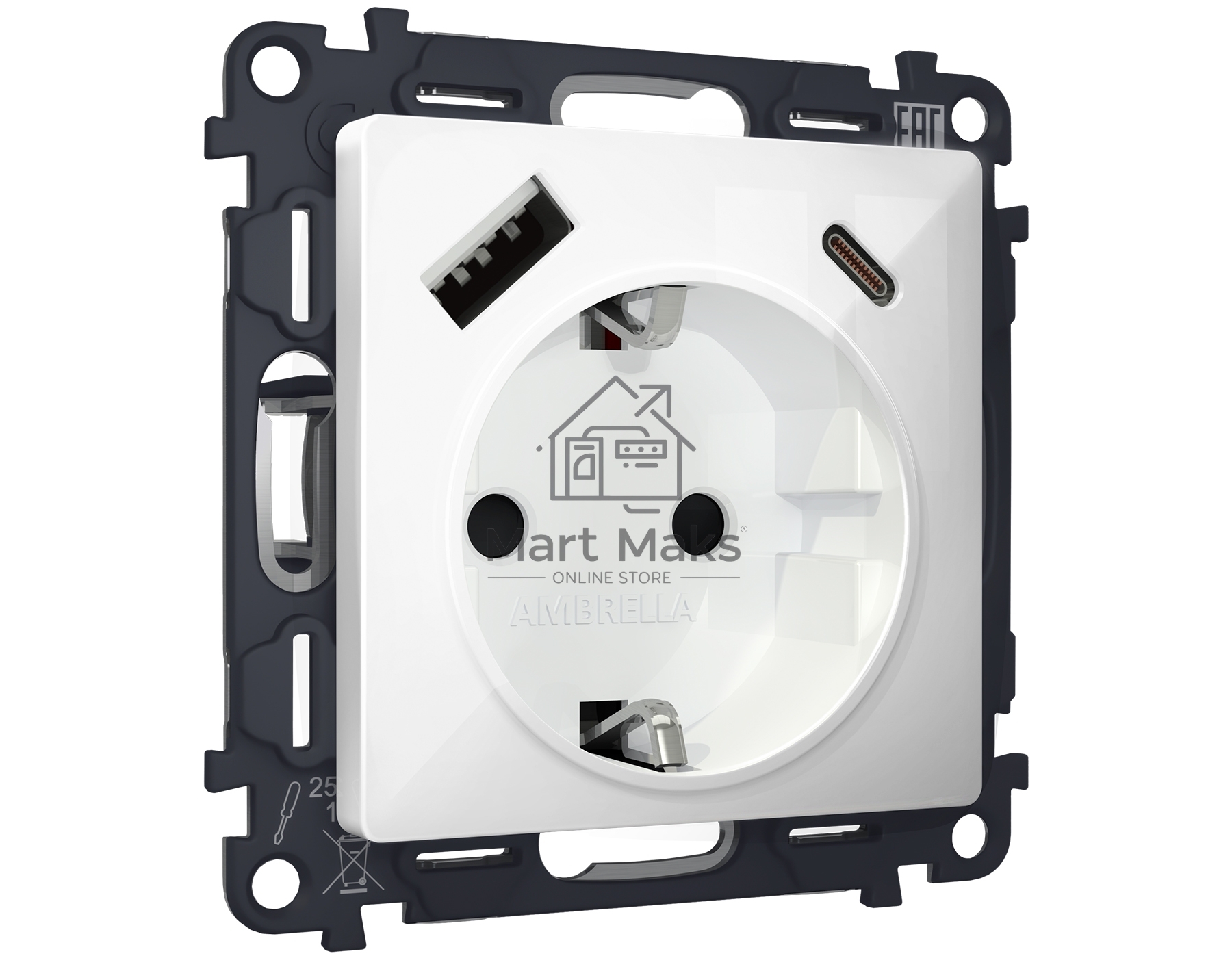 Комплект механизма электрической розетки ALFA Белый глянец 2USB A+C 20W (быстрая зарядка) с/з QUANT (AP1100, VM160) MA110010
